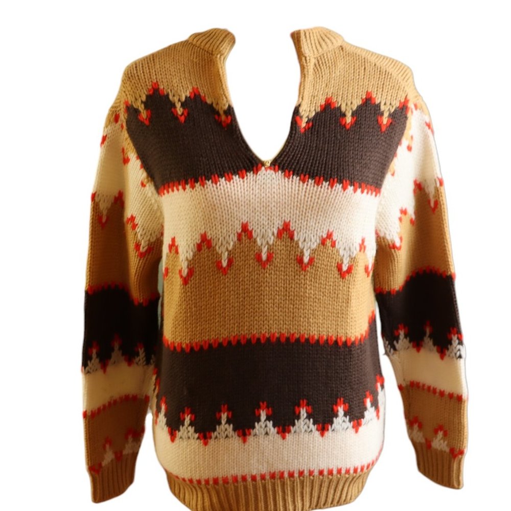 Vintage Donovan Galvani Tan and Red Wool Zipup Sweater